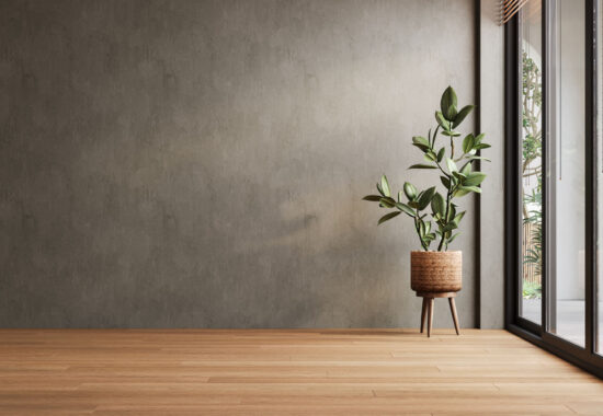 Modern interior design of apartment, empty living room with gray concrete walls, yard, panorama